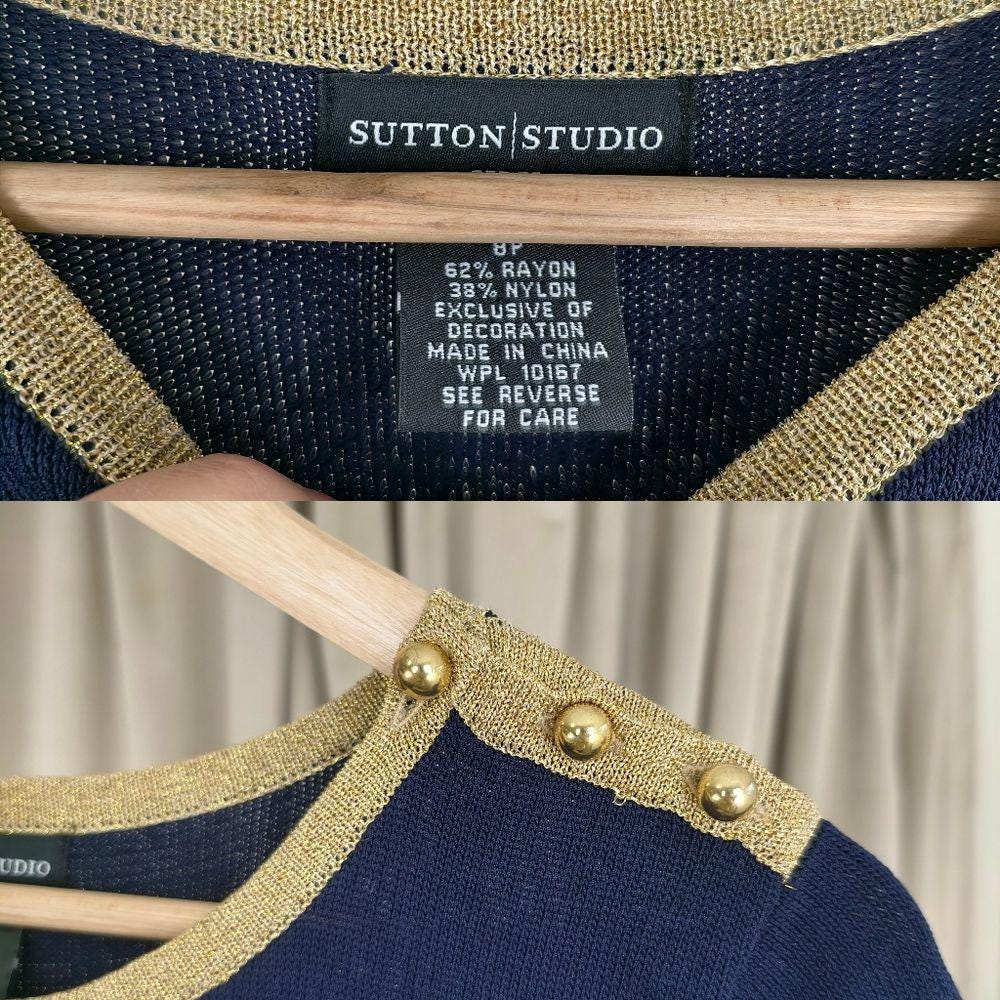 Vintage Sutton Studio Navy and Gold Short-Sleeve Pleated Hem Sweater Dress