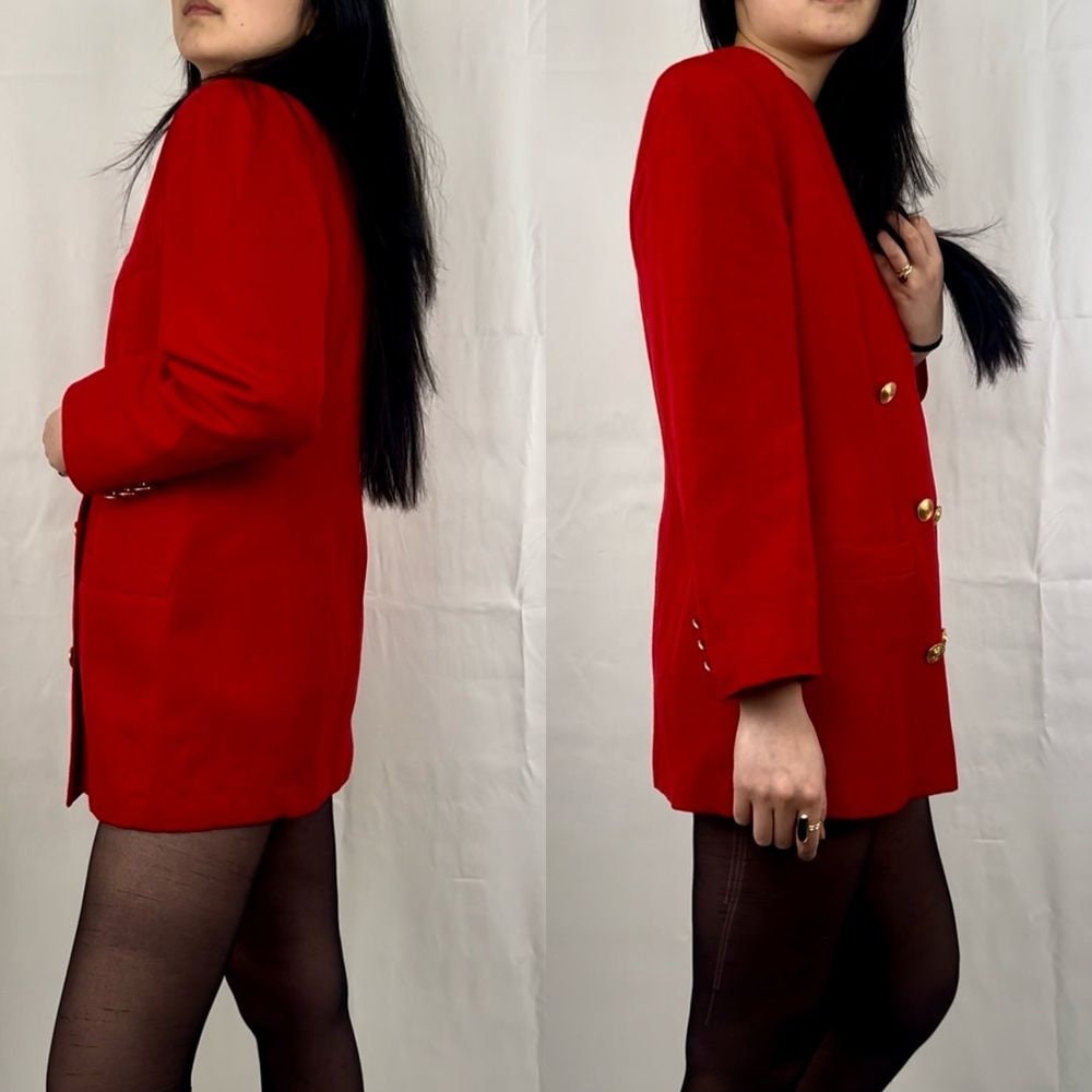 Vintage Collectible Gold Bright Red Linen Blend V Neck Blazer
