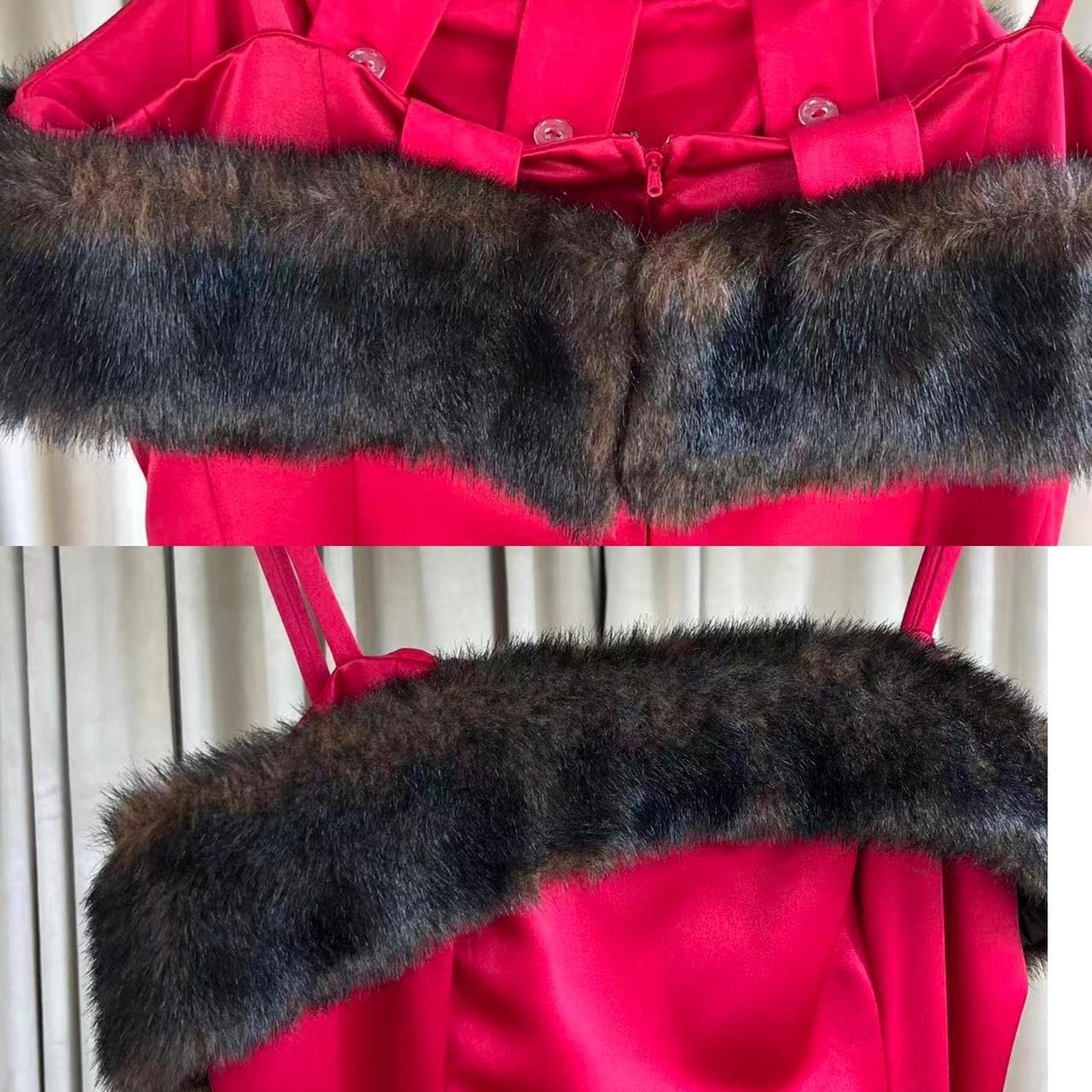 Vintage Donna Morgan Red Satin Maxi dress with Faux Fur Trim