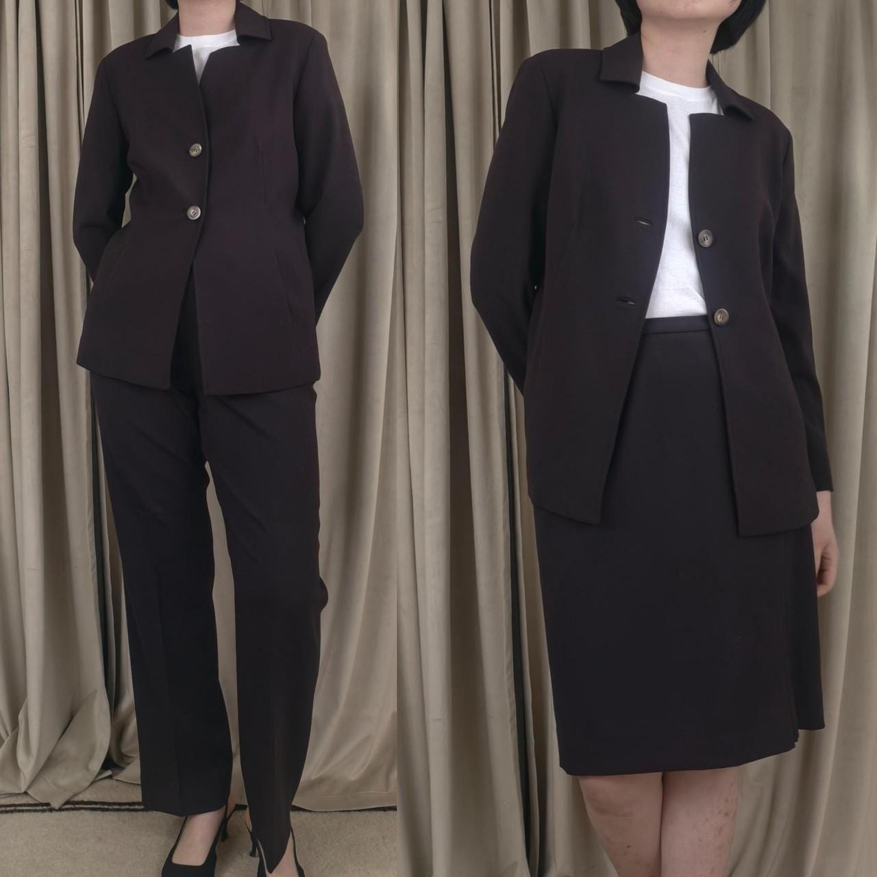 Vintage Doncaster Dark Brown Paat Suit Skirt Suit 3-Piece Set