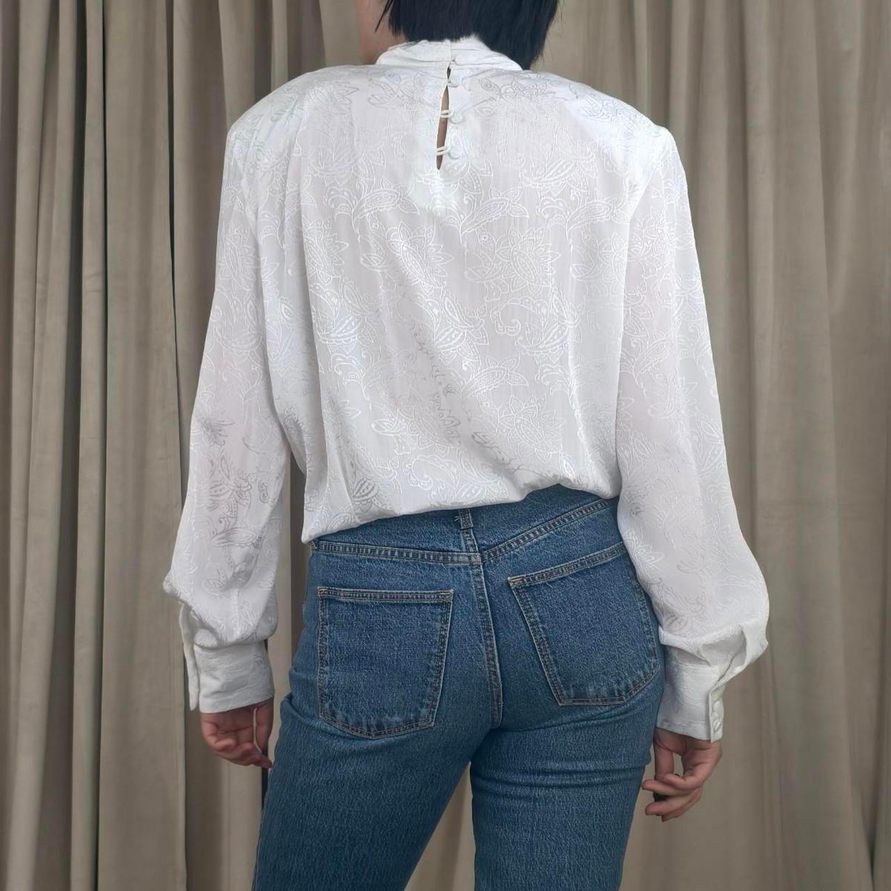 Vintage JH Collectible White Satin Embroidered Blouse