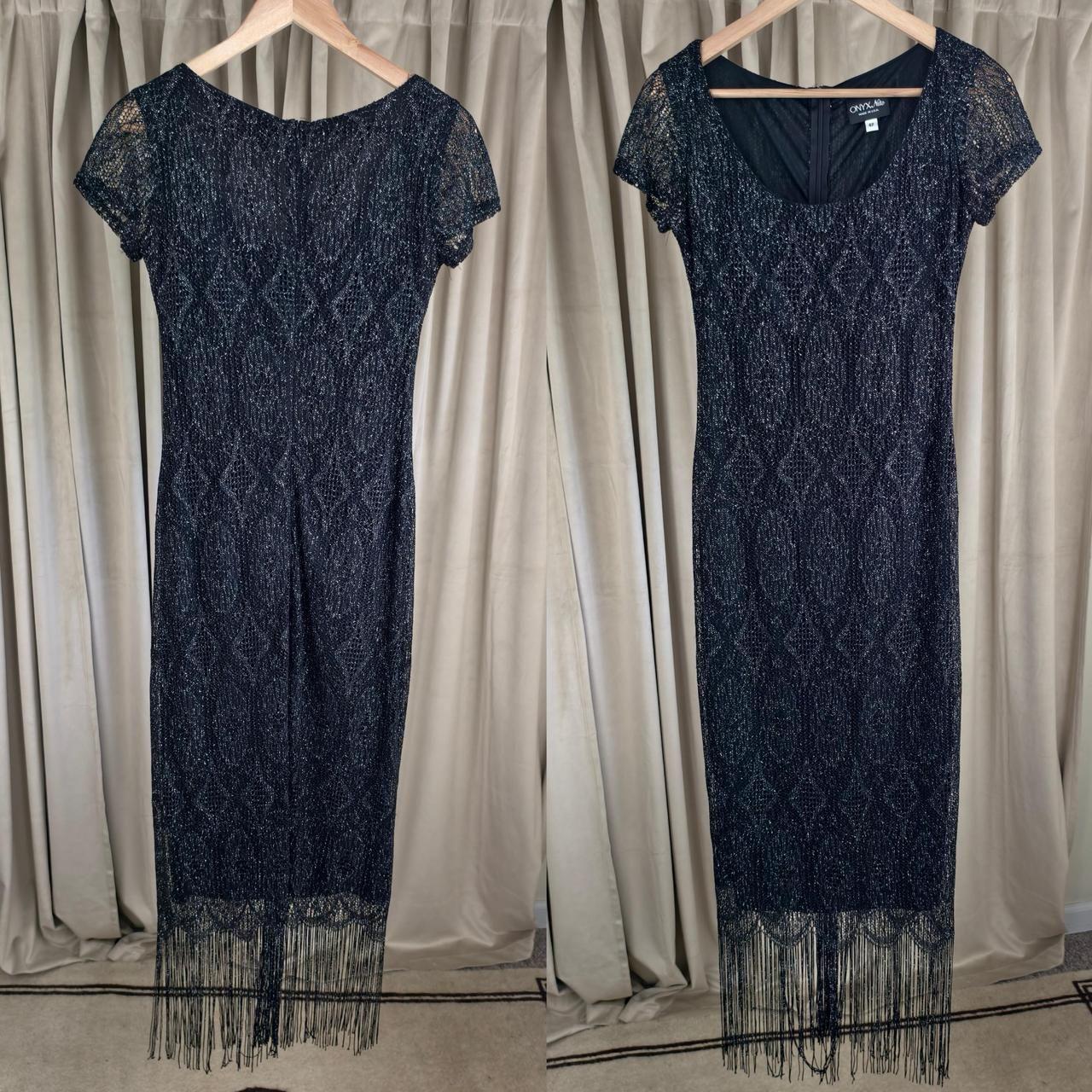 Vintage Onyx Nite Black Silver Metallic Lace Dress with Fringe Hem