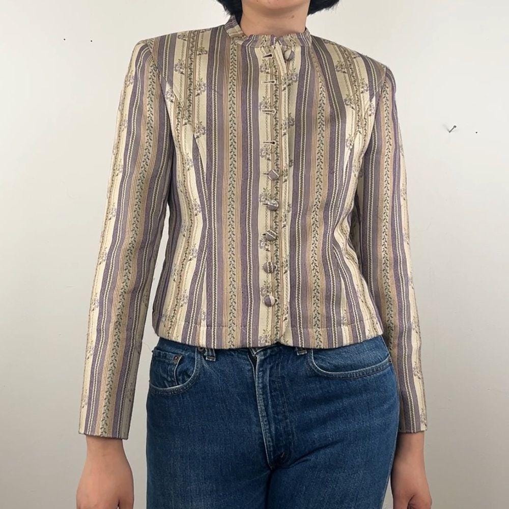 Vintage Rena Rowan Beige and Lavender Cropped Striped Silk Blazer