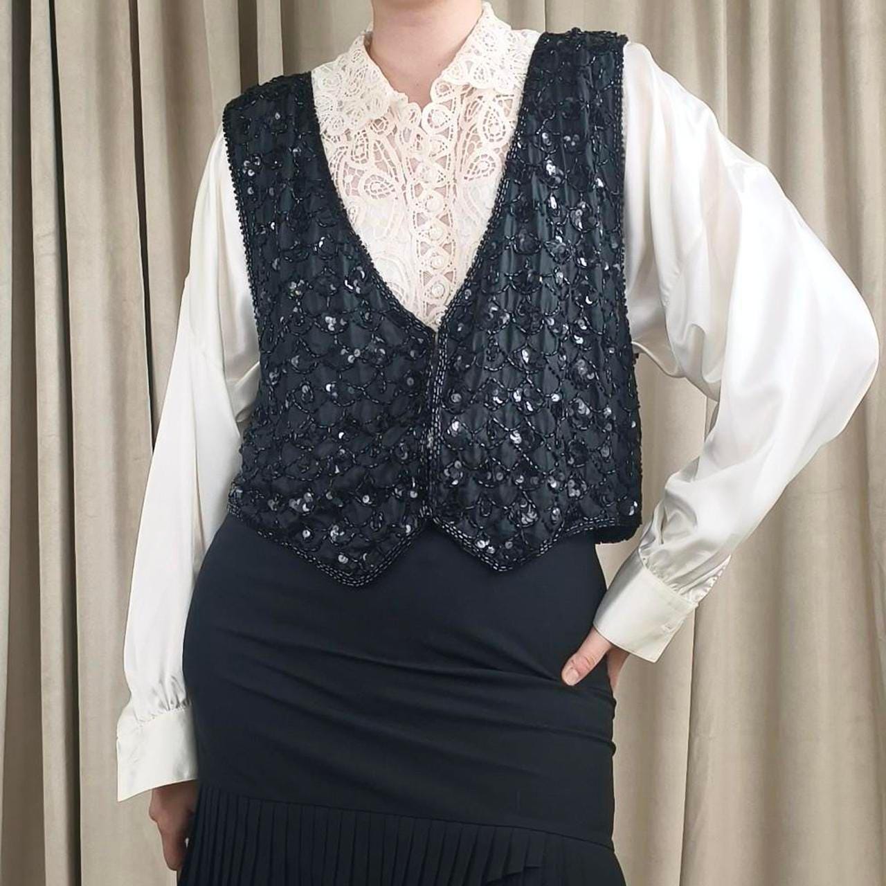 Vintage Cotton Castle Black Sequin Silk Vest
