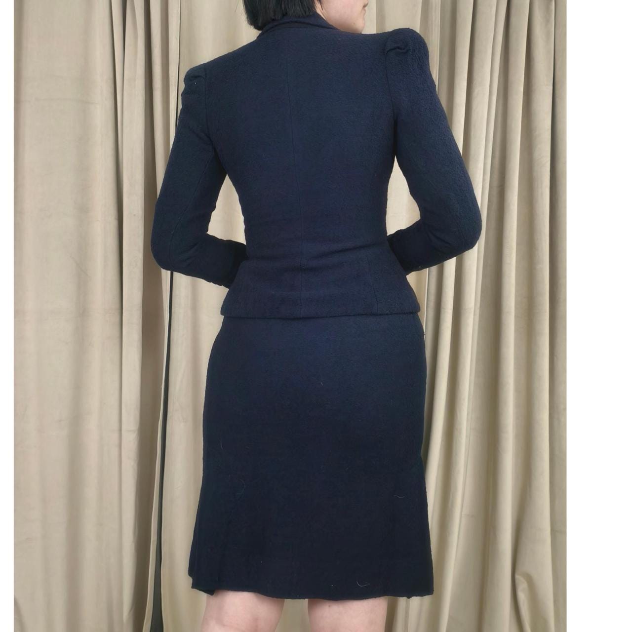 Vintage Navy Wool Fitted Skirt Suit with Puffy Shoulders