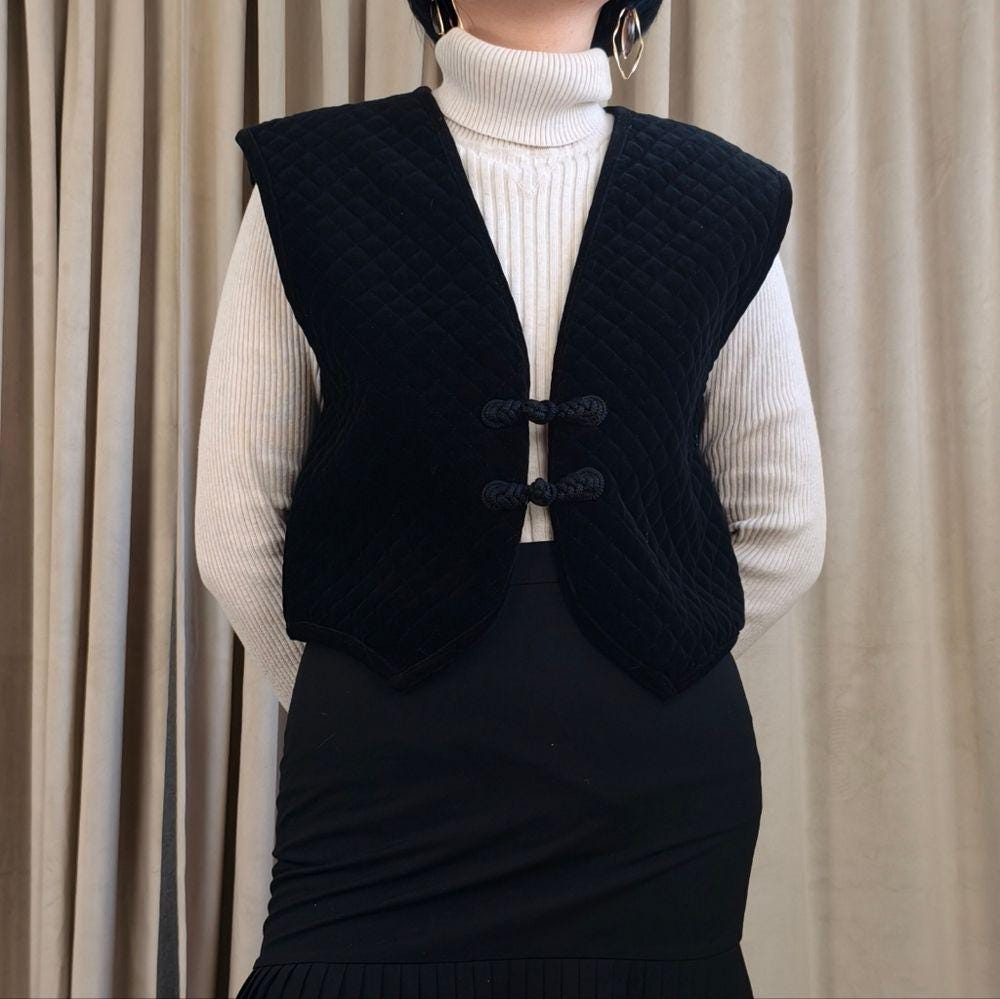 Vintage COSCOB Black Quilted Velvet Mandarin Vest with Frog Closures