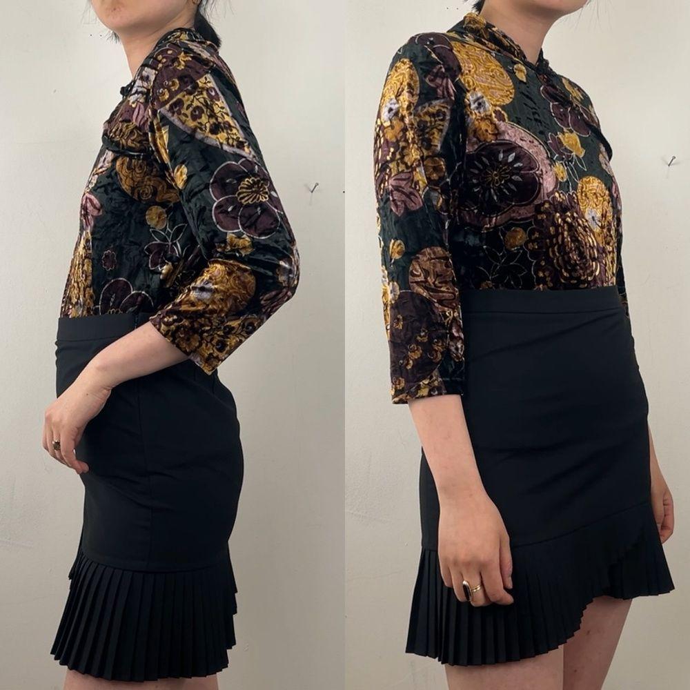 Vintage Floral Velvet Top with Mandarin Collar