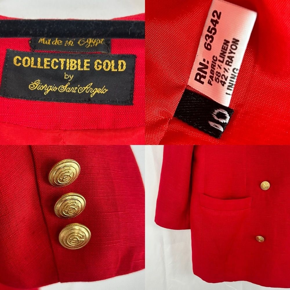 Vintage Collectible Gold Bright Red Linen Blend V Neck Blazer