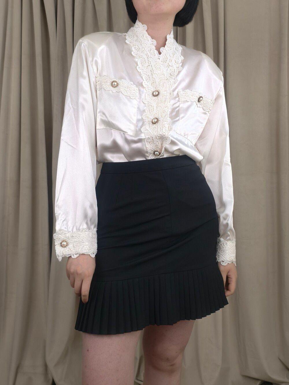 Vintage Tess White Satin Blouse with Lace Detailing