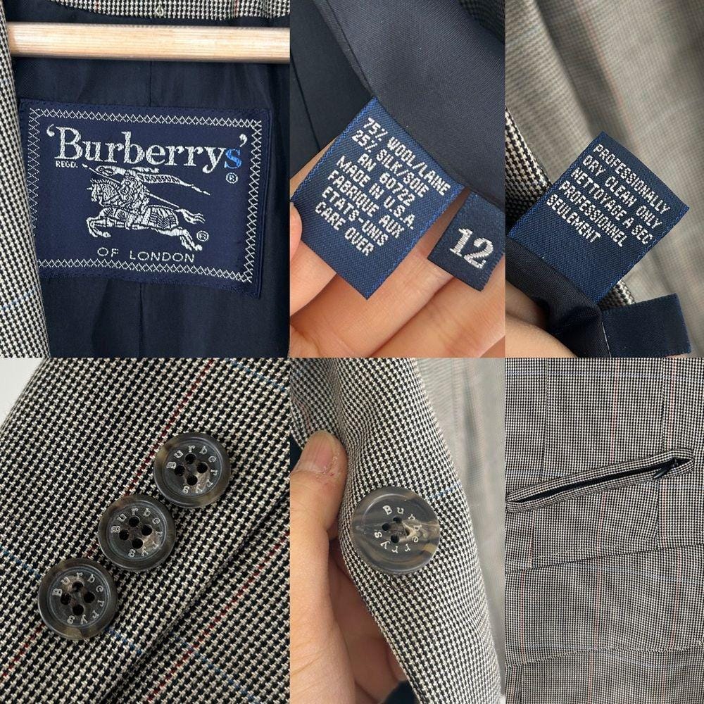 Vintage Burberry Plaid Tan Grey Wool Silk Blazer