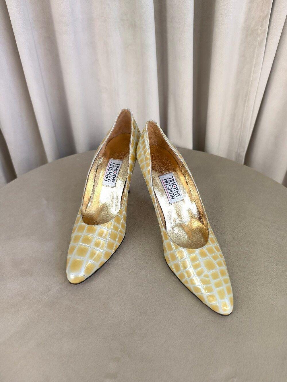 Vintage Timothy Hitsman Yellow Croc-Embossed Pointed-Toe Pumps