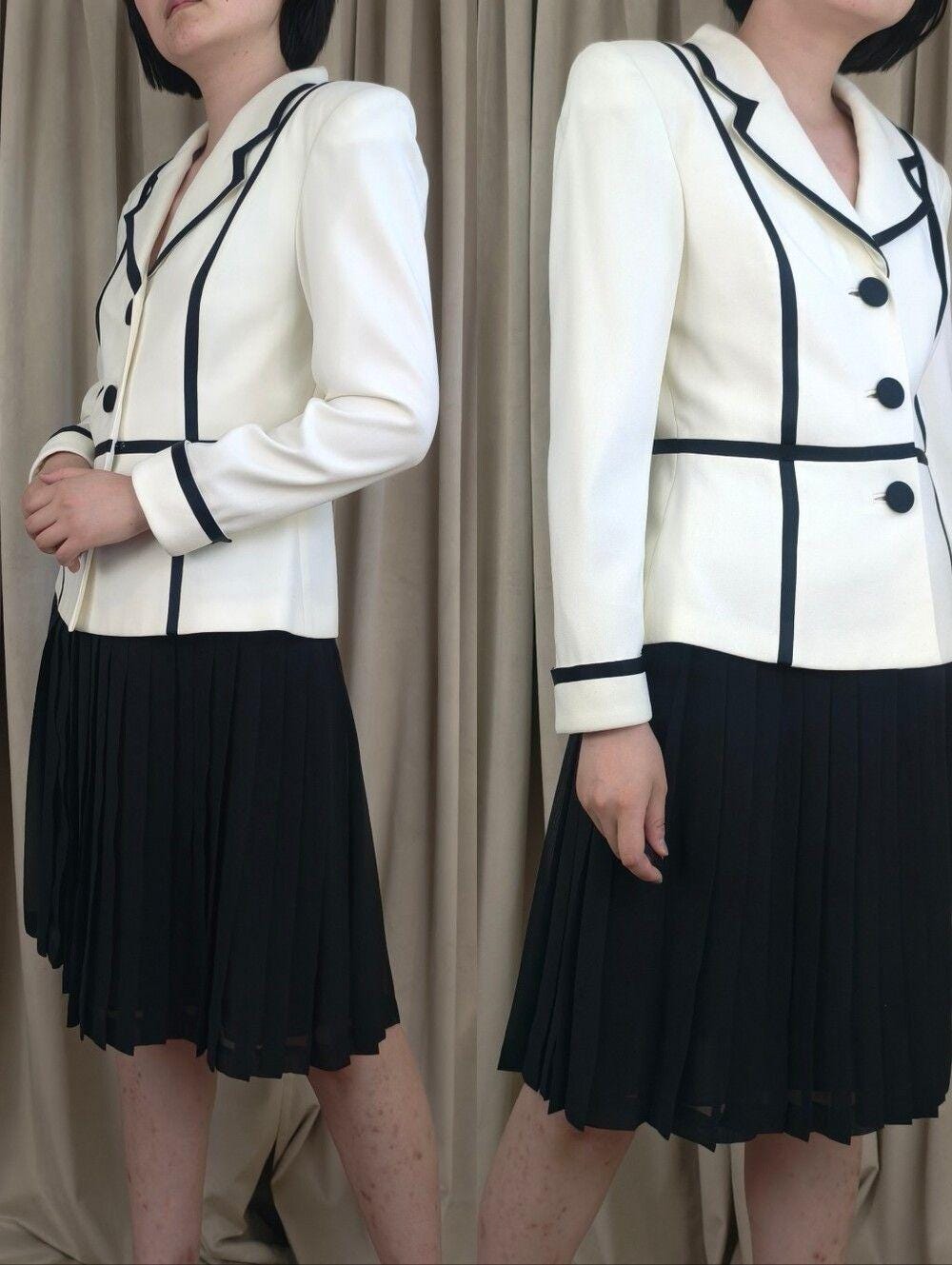 Vintage Gillian White Blazer with Black Trim and Black Pleated Skirt
