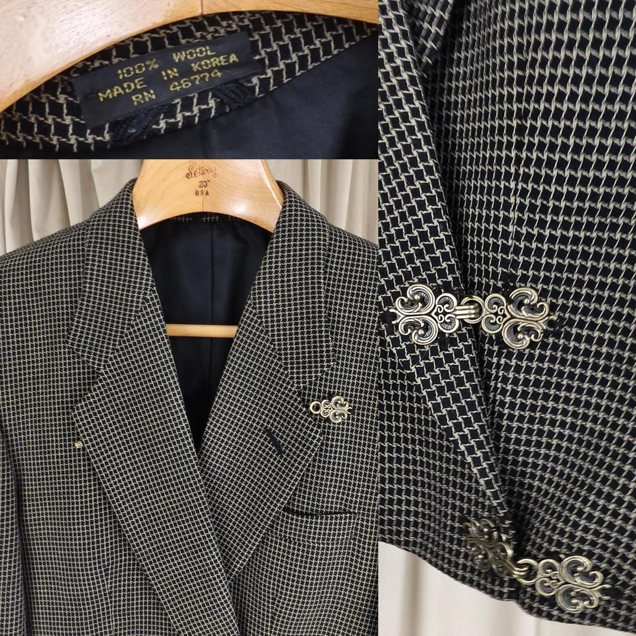 Reworked Vintage Black and Gold Cropped Checkered Blazer Tang Mandarin Jacket