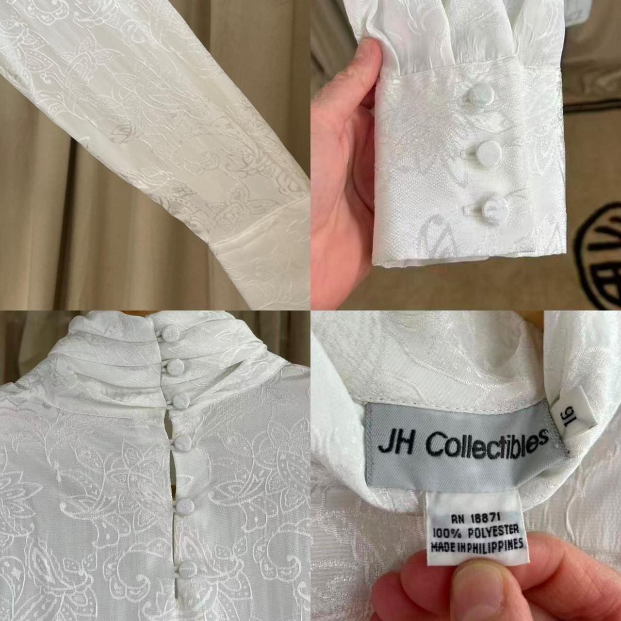 Vintage JH Collectible White Satin Embroidered Blouse