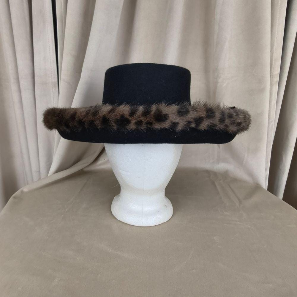 Vintage Black Wool Rimmed Hard Hat with Leopard Faux Fur Trim