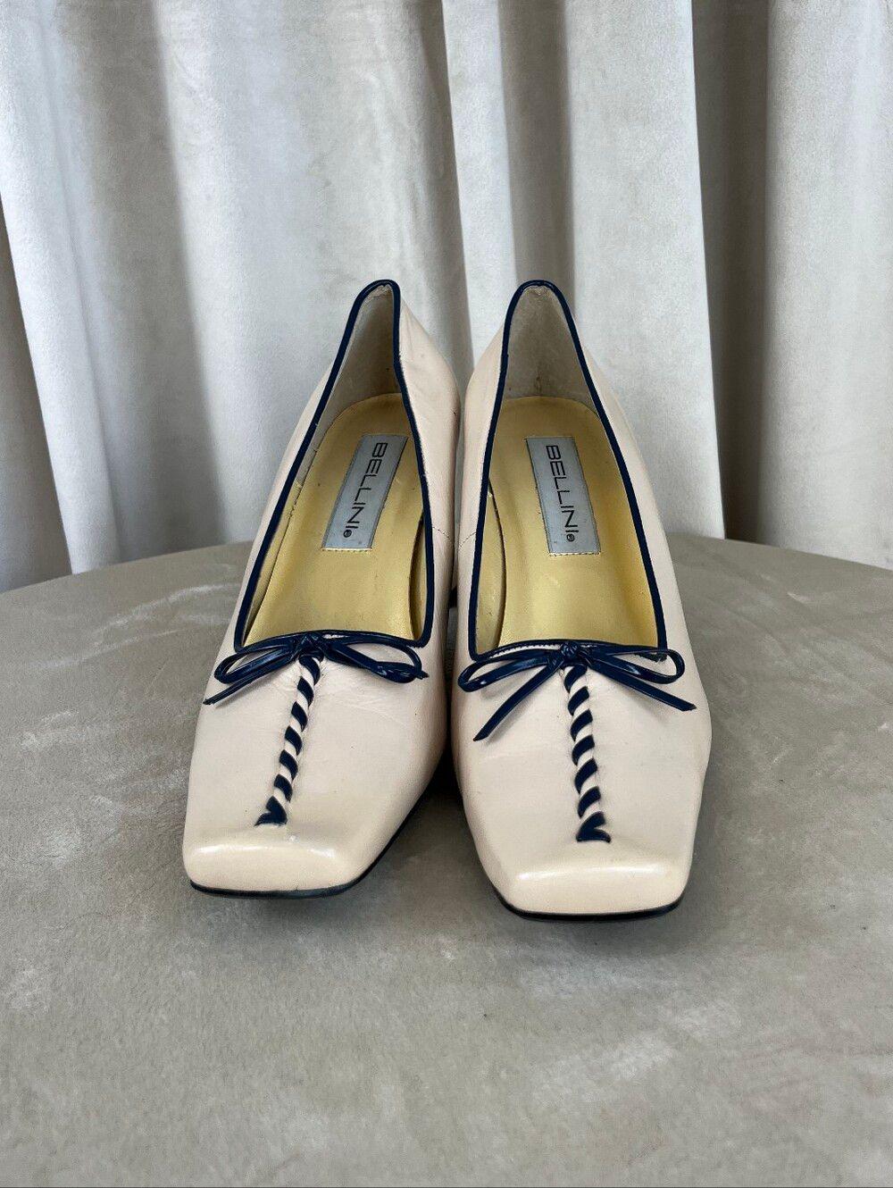 Vintage Bellini Square Toe Beige Pumps with Navy Trim and Bow