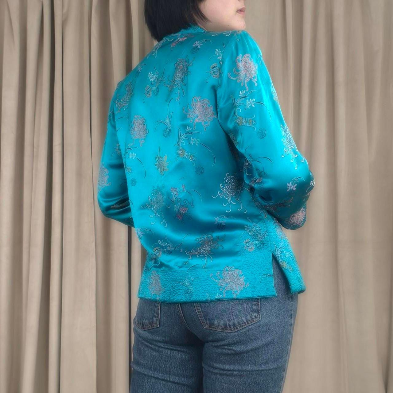 Vintage Asian Reversible Gold and Blue Embroidered Mandarin Tang Jacket