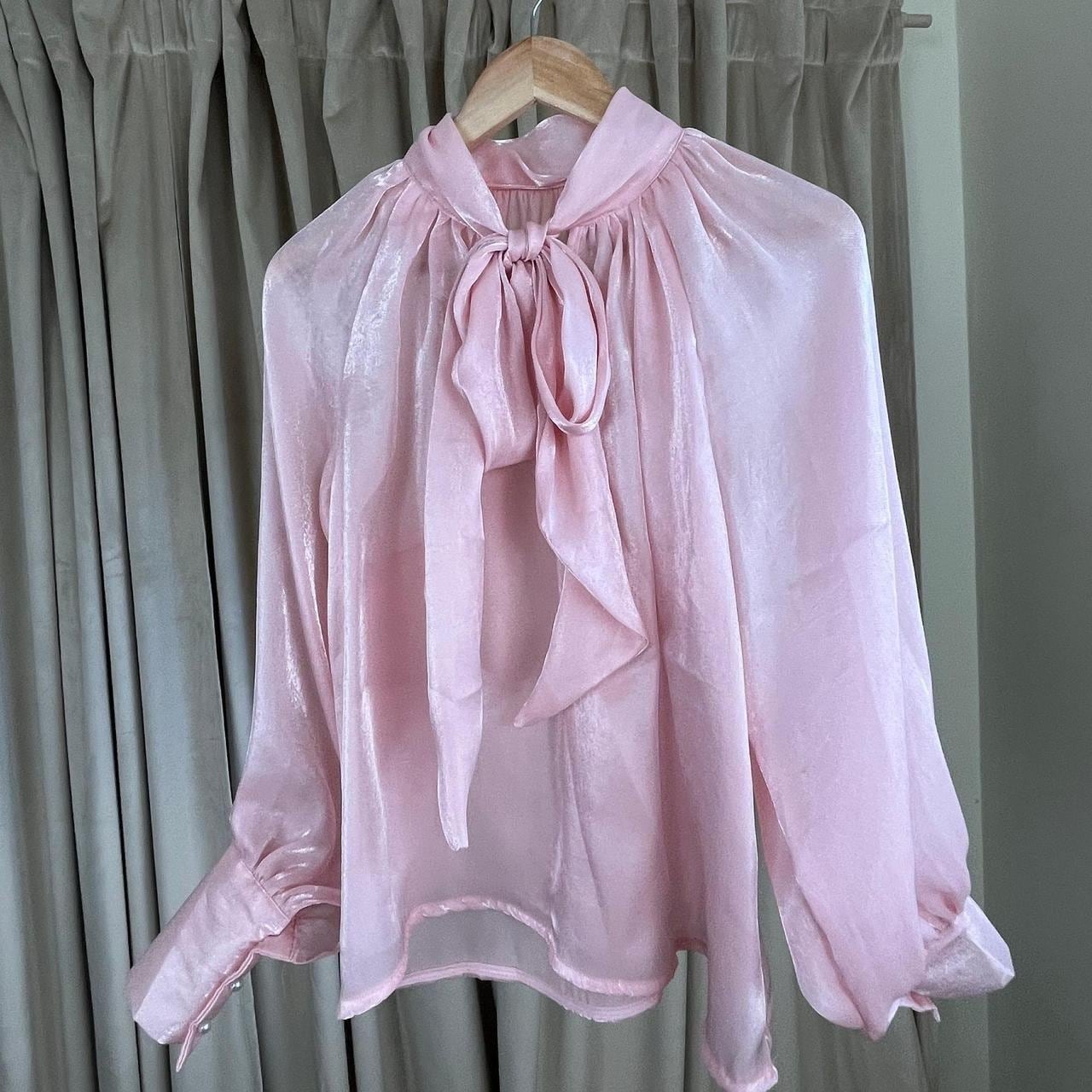 Vintage Pink Luminescent Blouse with Tie Neck and Puffy Sleeves