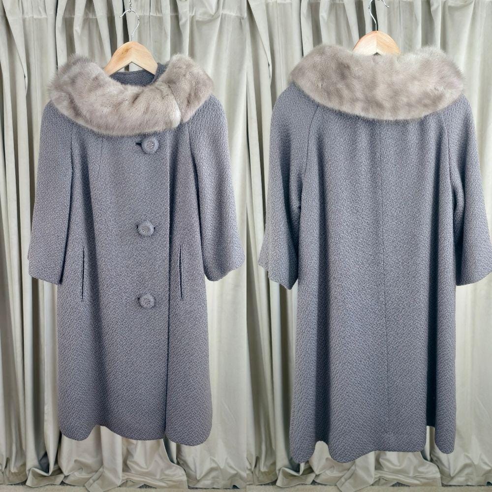 Vintage 50s/60s Gray Wool Swing Coat with Mink Collar