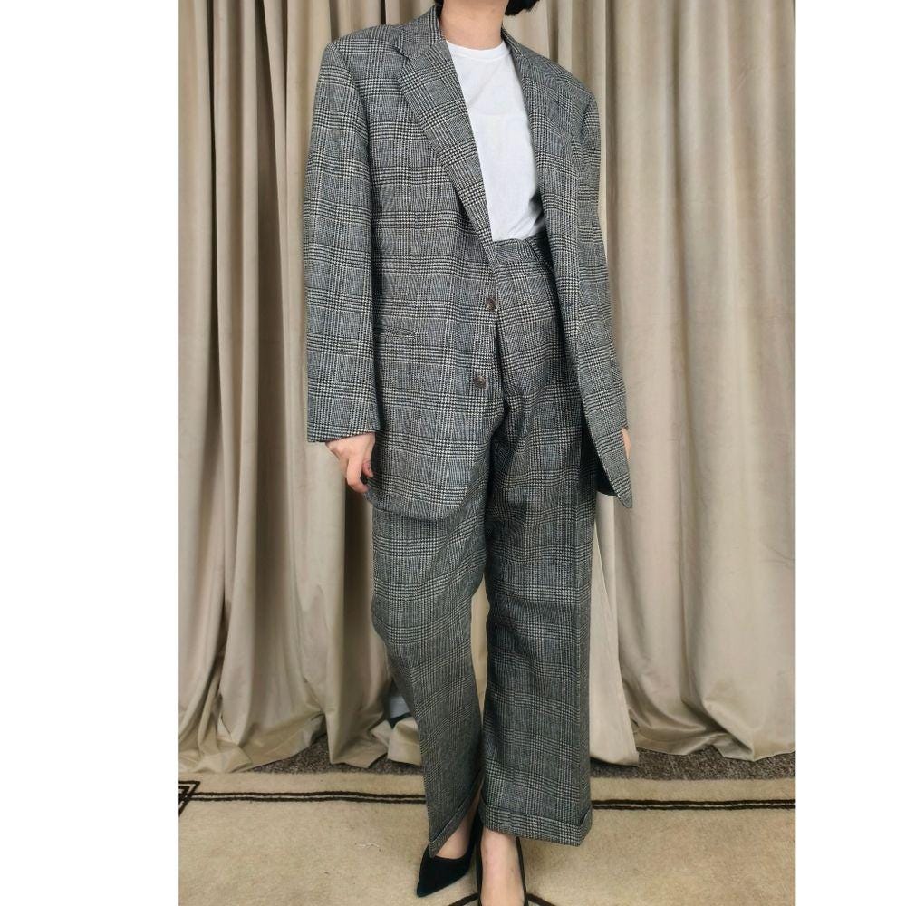 Vintage Polo by Ralph Lauren Black and Gray Boyfriend Men's Plaid Pant Suit