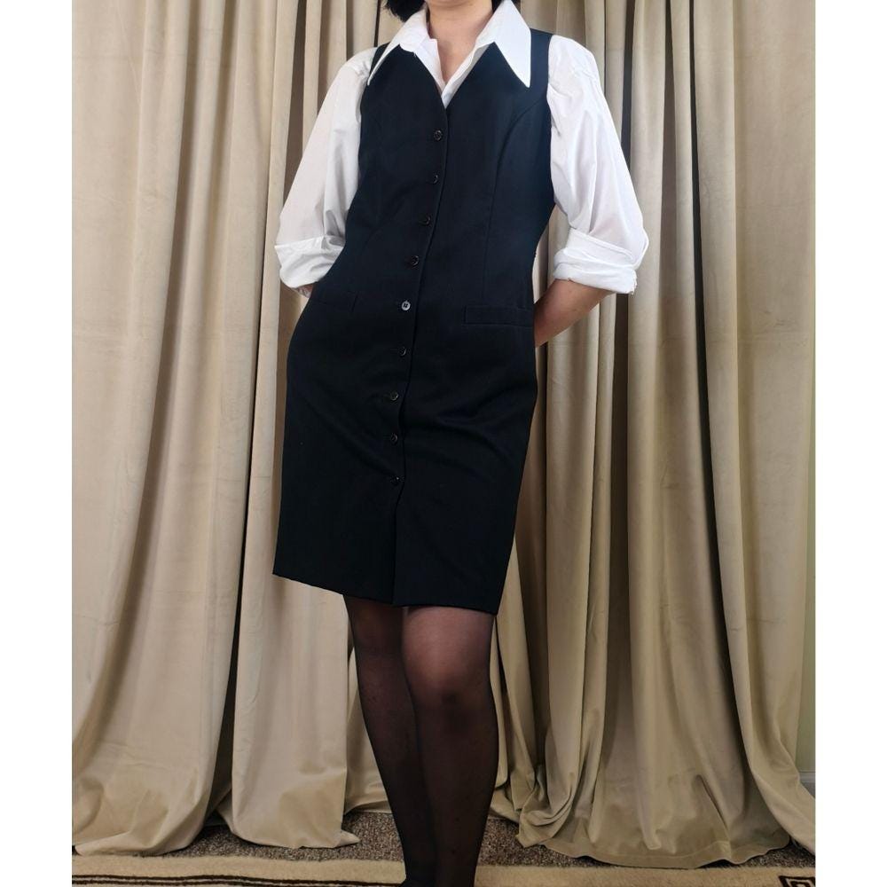 Vintage Valerie Stevens Black Wool Button-Down Sleeveless Vest Dress