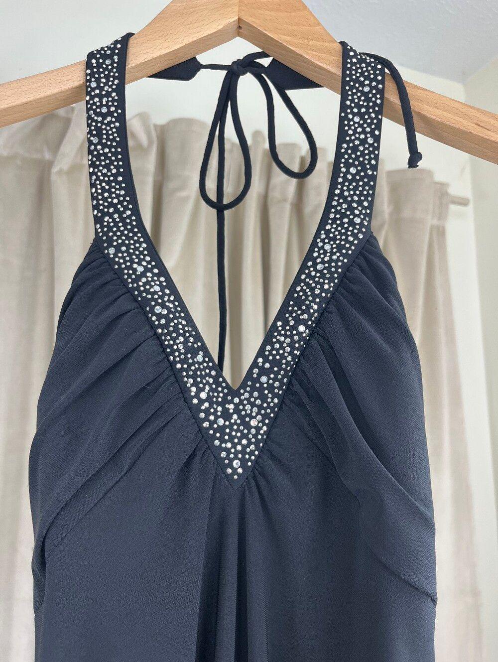 Vintage Betsy & Adam Black Halter V-Neck Embellished Open Back Evening Dress