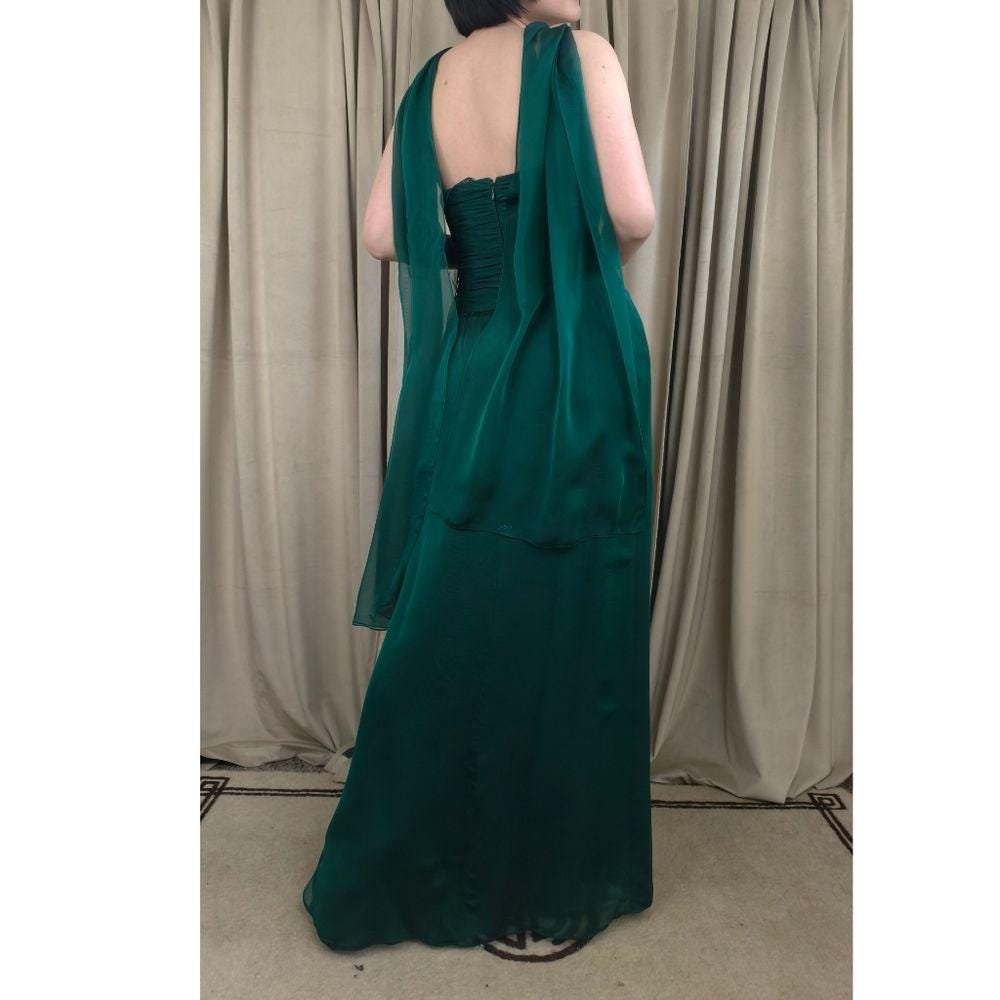 Teri Jon by Rikie Freeman Strapless Green Silk Evening Gown with Sheer Shawl