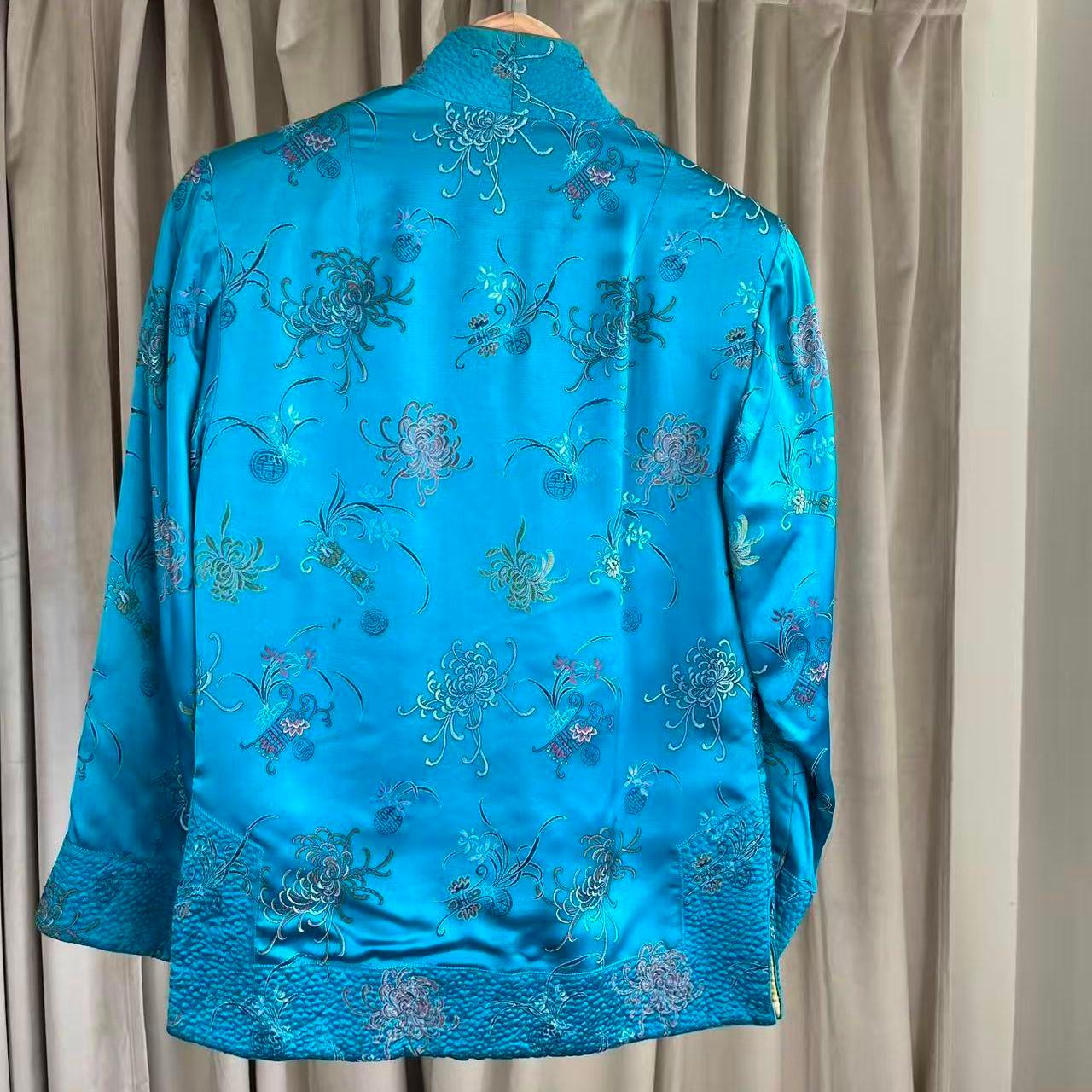 Vintage Asian Reversible Gold and Blue Embroidered Mandarin Tang Jacket