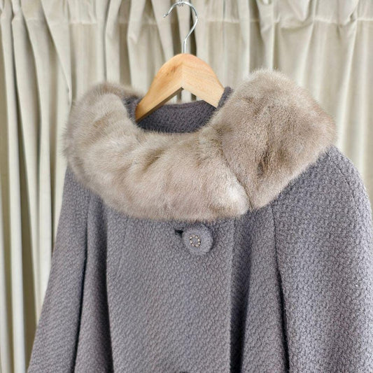 Vintage 50s/60s Gray Wool Swing Coat with Mink Collar