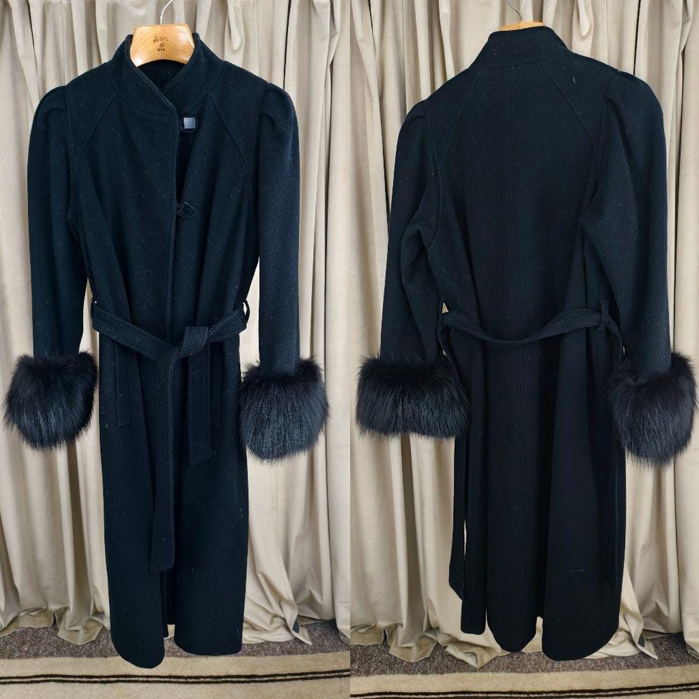 Vintage Capri Black Full Length Belted Wool Coat with Fox Fur Cuffs