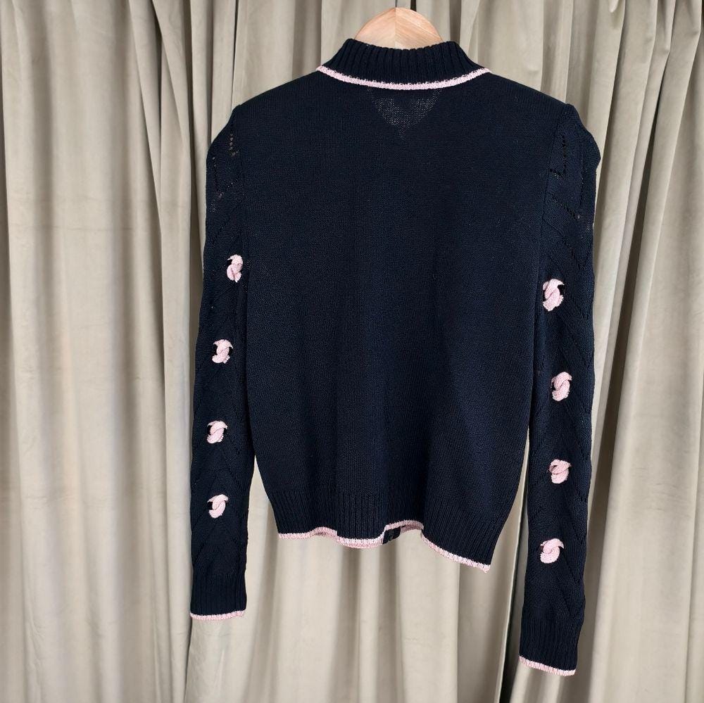 St. John Collection Black Zip Up Cardigan with Pink Details