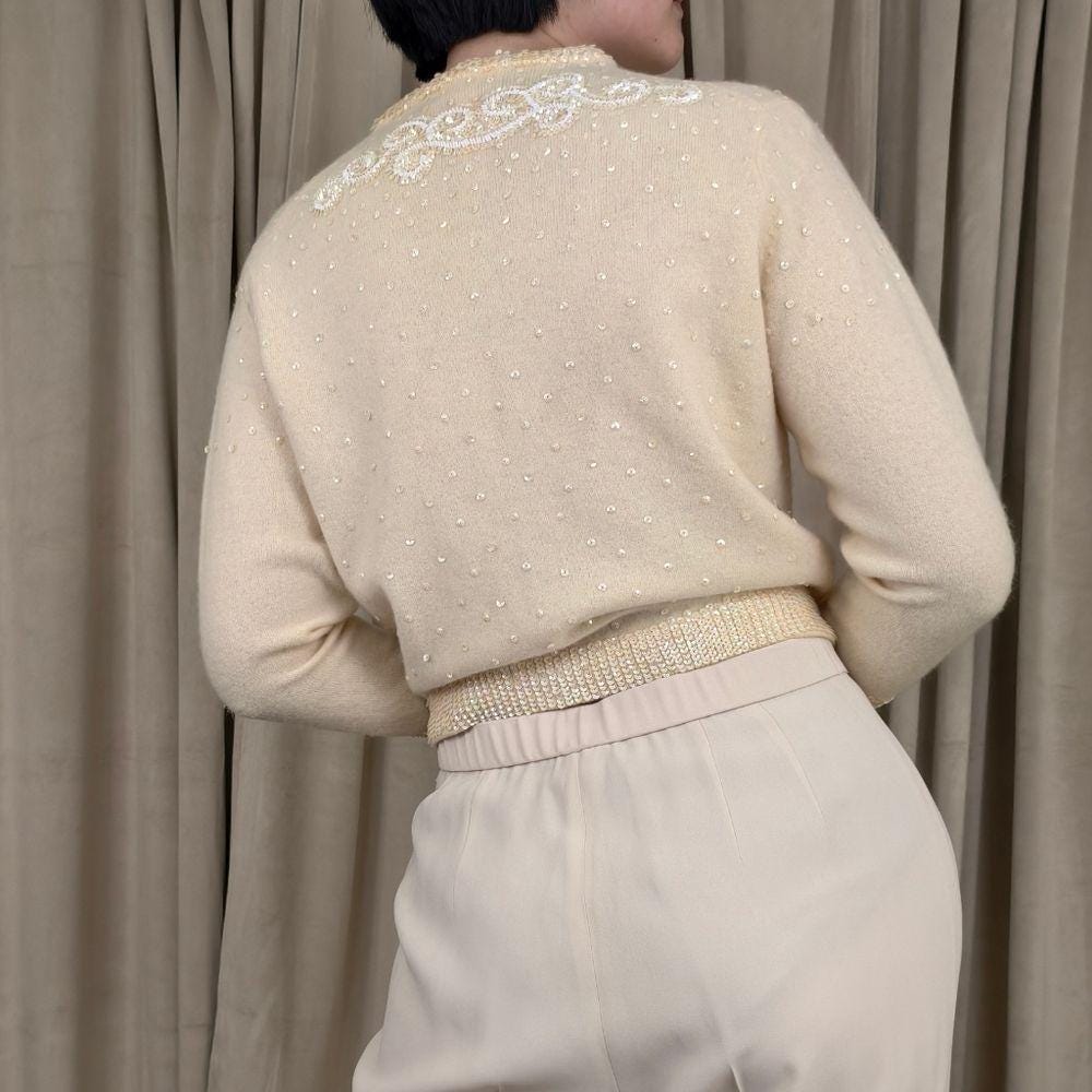 Vintage Wool and Rabbit Hair Cream Cardigan with Sequins Embellishments