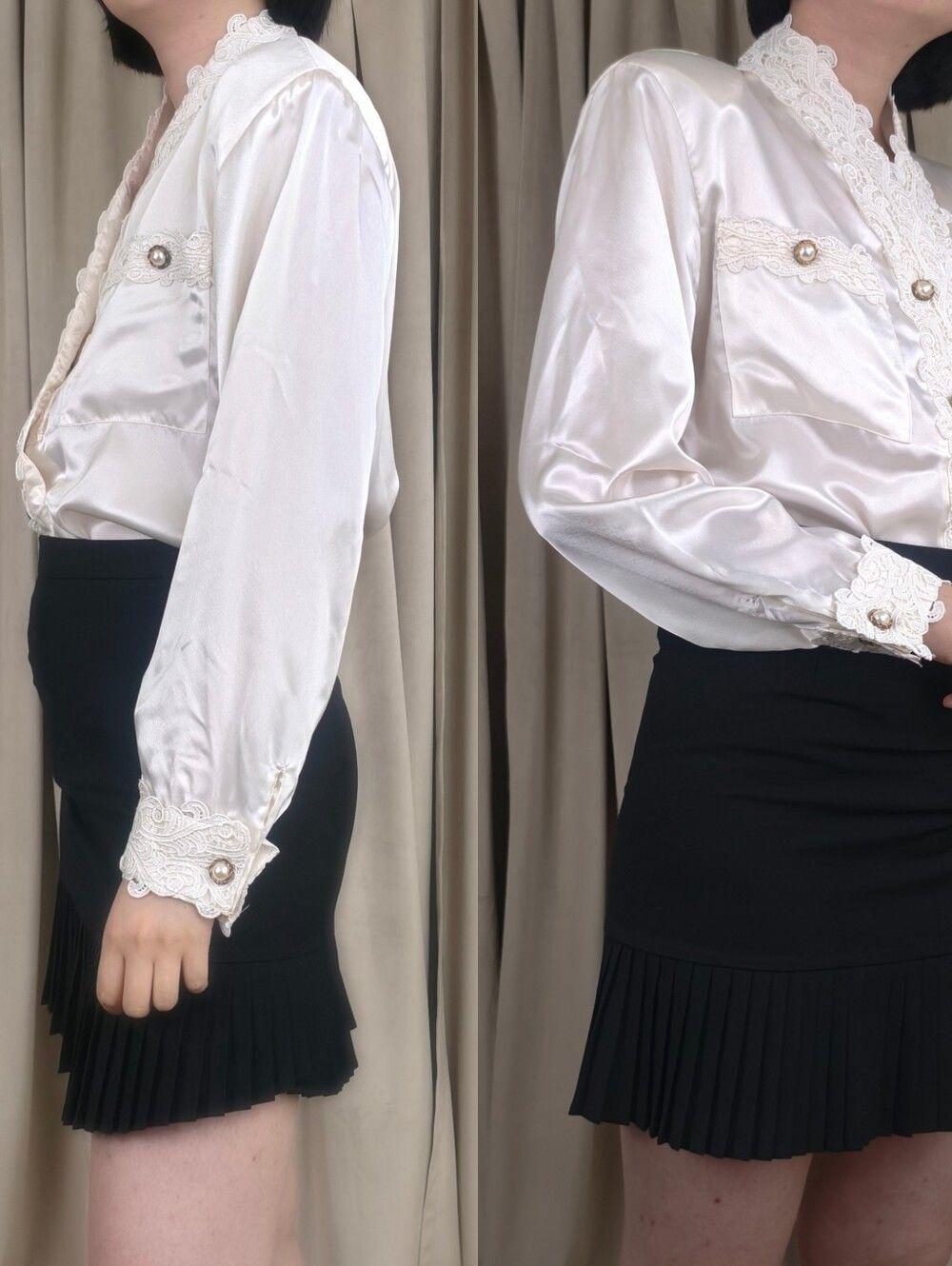 Vintage Tess White Satin Blouse with Lace Detailing