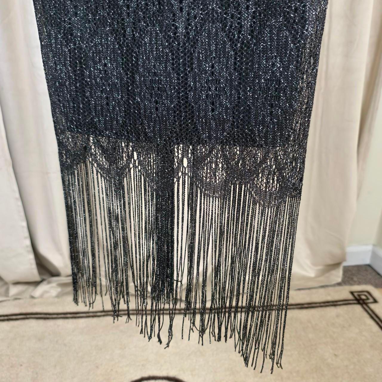 Vintage Onyx Nite Black Silver Metallic Lace Dress with Fringe Hem