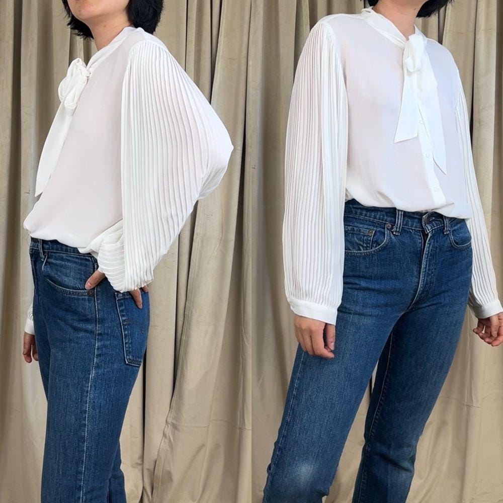 Tahari White Sheer Chiffon Blouse with Pleated Lantern Sleeves Bow Detail