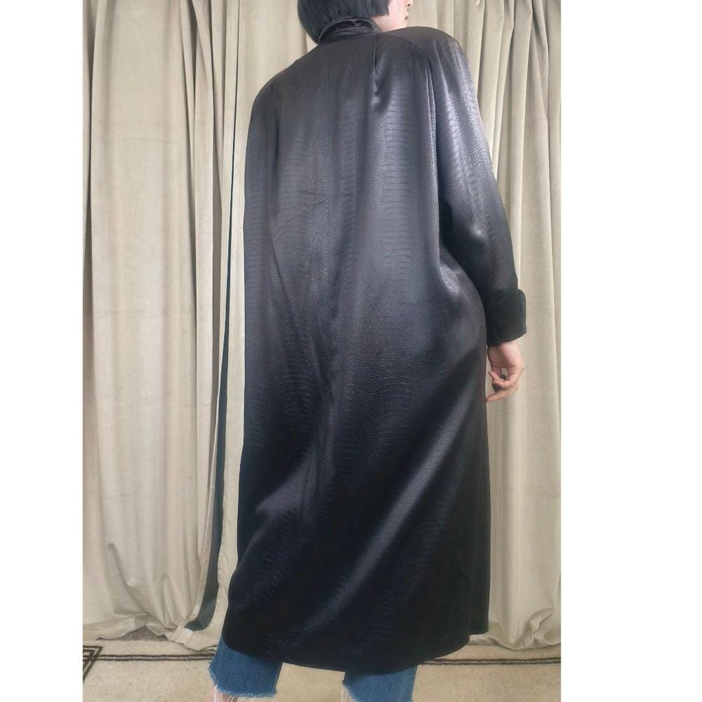 Vintage Long Black Satin Snakeskin Pattern Trench Coat