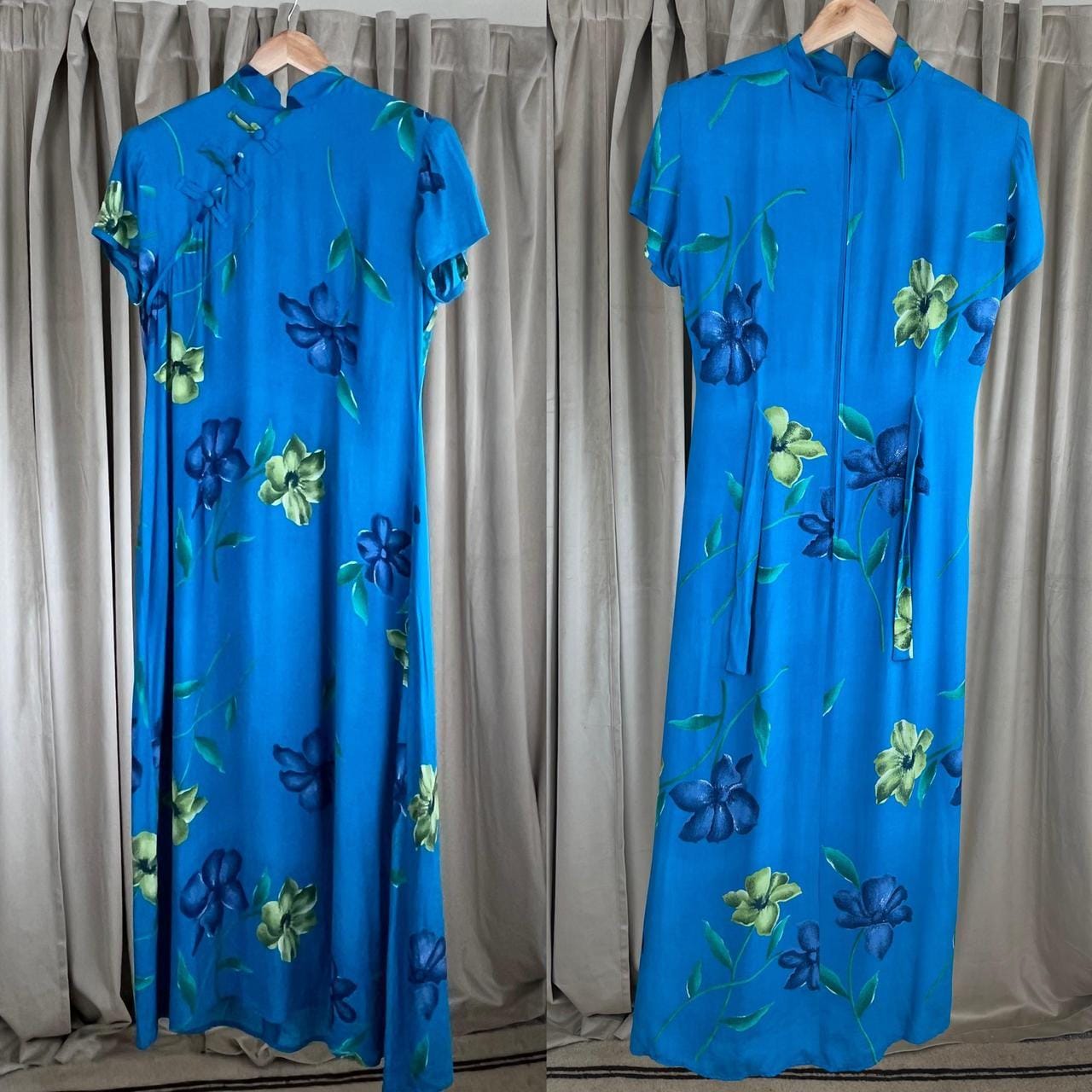 Vintage DJI Blue Floral Rayon Qipao Dress