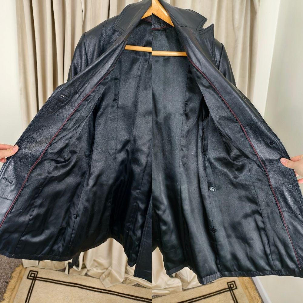 Vintage Black Leather Jacket Belted Trench