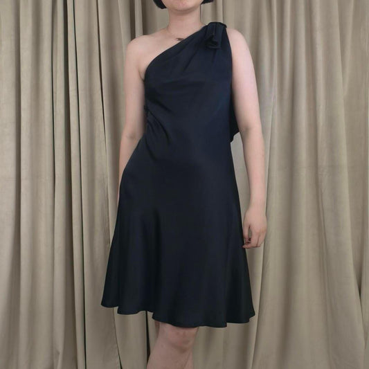 Ann Taylor Black Silk One Shoulder Midi Dress with Bow