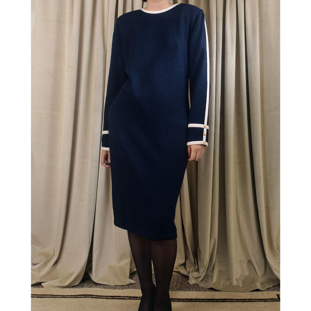 Vintage St. John Elegant Knitted Navy Blue Dress with White Accents