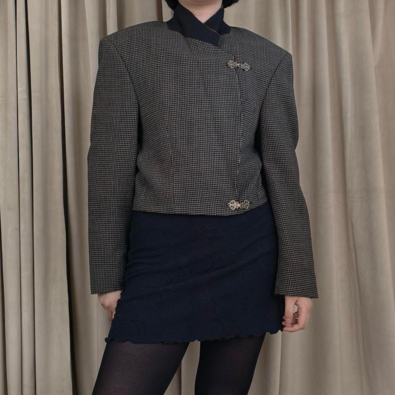 Reworked Vintage Black and Gold Cropped Checkered Blazer Tang Mandarin Jacket
