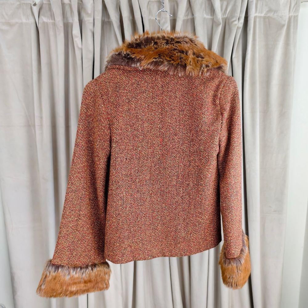 Vintage Orange Brown Cropped Pennylane Tweed Jacket Fox Fur Collar and Cuffs