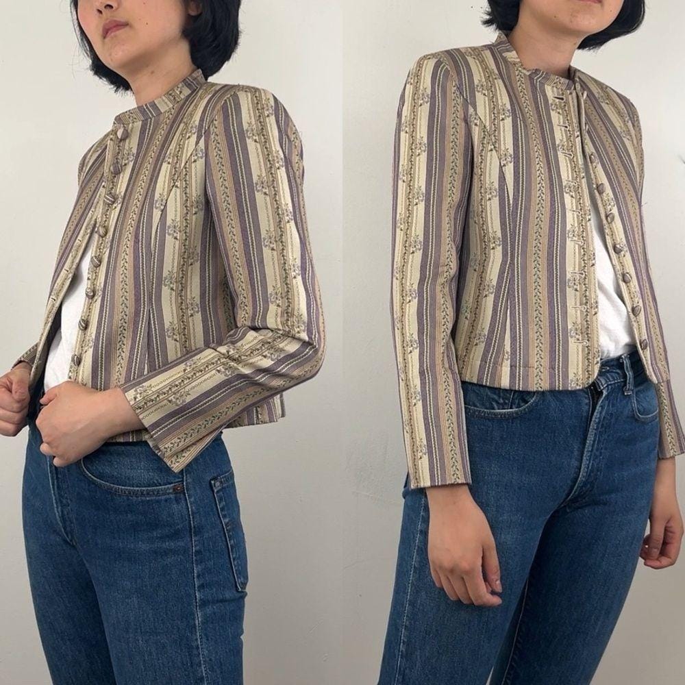 Vintage Rena Rowan Beige and Lavender Cropped Striped Silk Blazer
