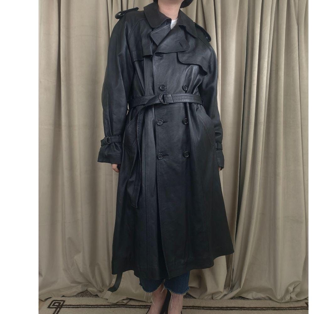 Vintage Black Genuine Leather Double Breasted Trench Coat