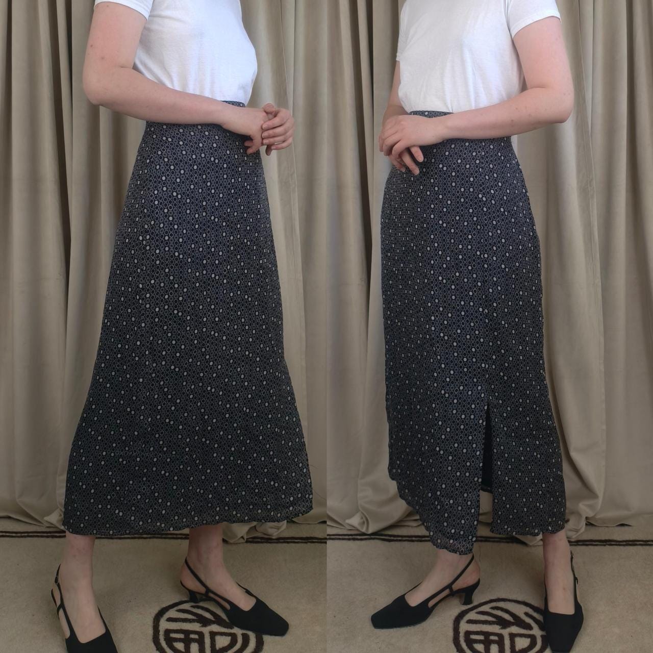 Vintage Merona Monochrome Black Midi Skirt with White Polka Dots