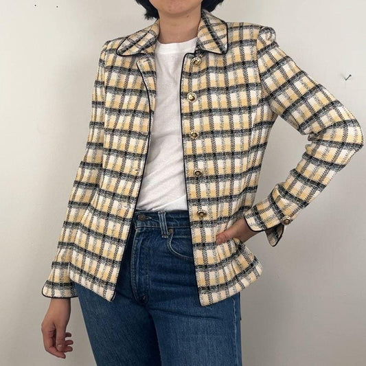 St John Collection Yellow and Black Plaid Tweed Knit Blazer