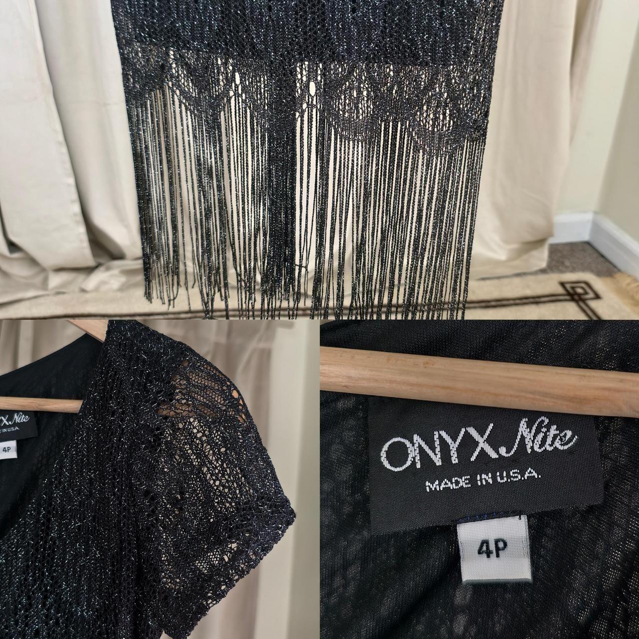 Vintage Onyx Nite Black Silver Metallic Lace Dress with Fringe Hem