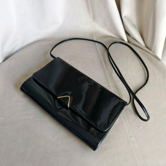 Vintagr Elegant Black Patent Leather Clutch Shoulder Bag