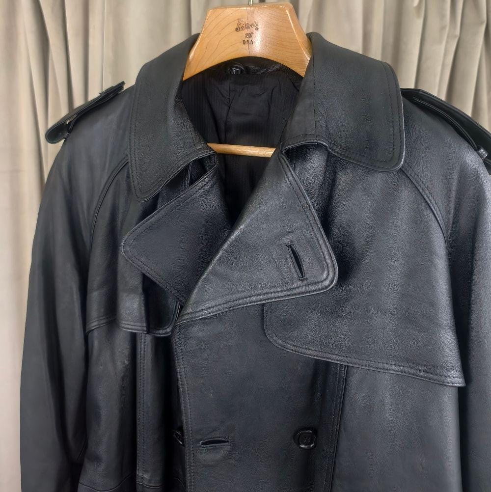 Vintage Black Genuine Leather Double Breasted Trench Coat