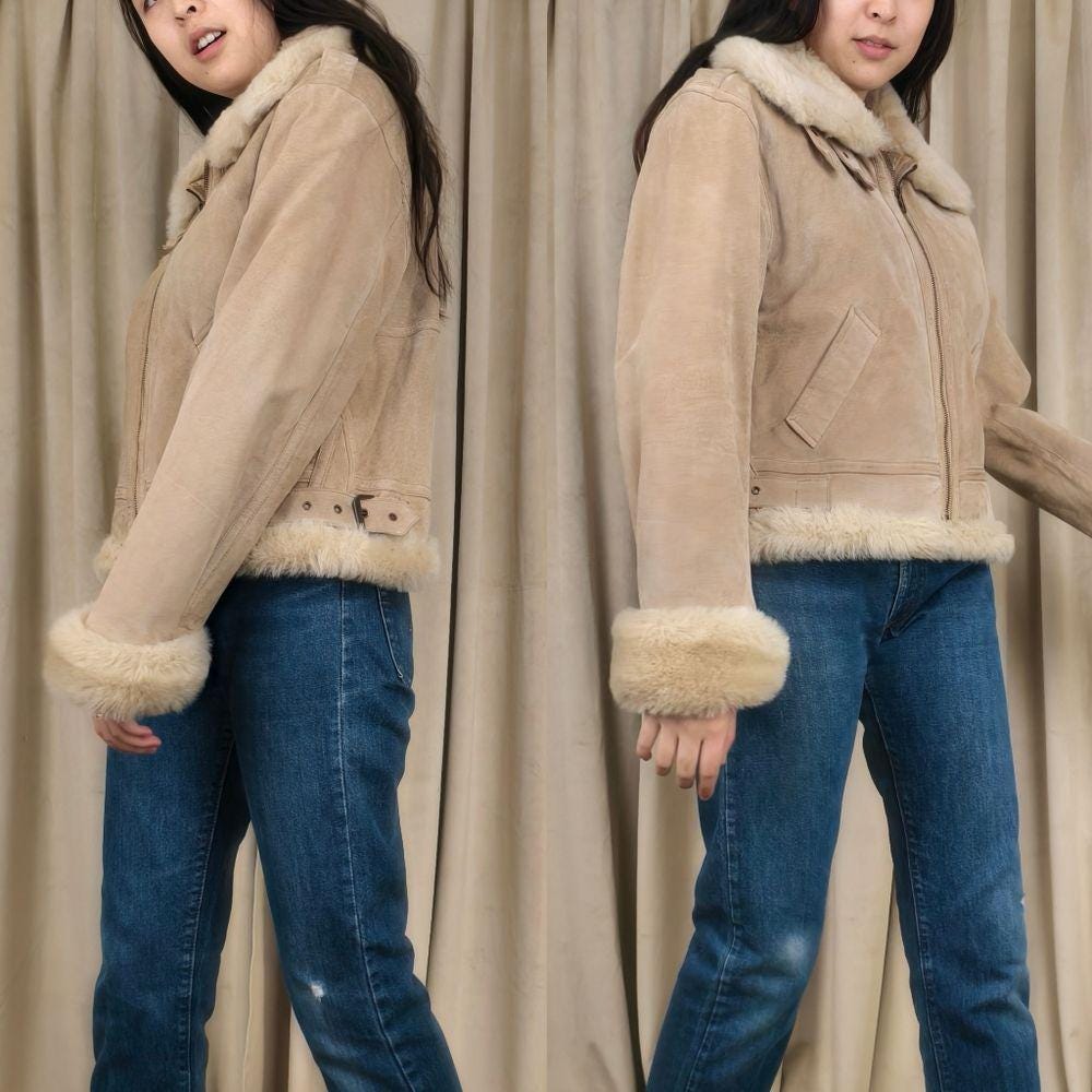 Vintage Marvin Richards Pennylane Cream and Tan Suede Jacket with Faux Fur Trim